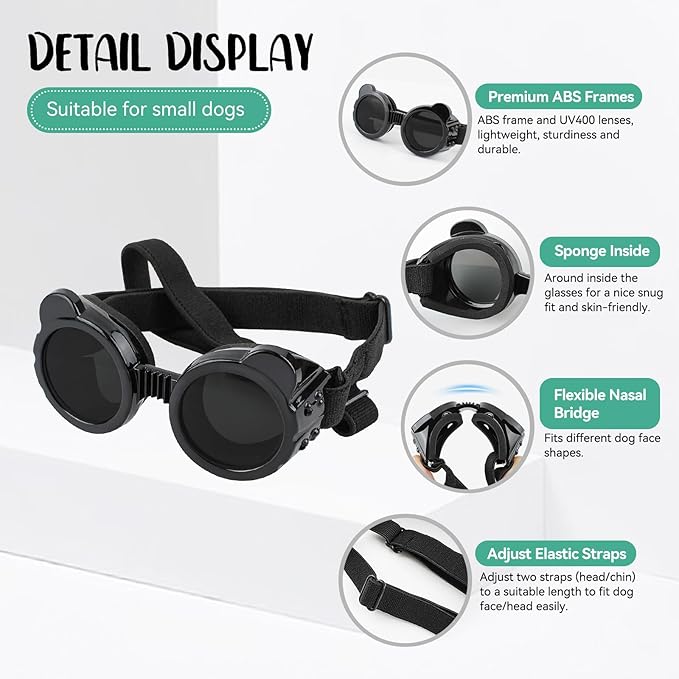 Dog Goggles for Small Breed UV/Wind/Dust Protection Puppy Sunglasses with Adjustable Strap - Black-PurrikoPets