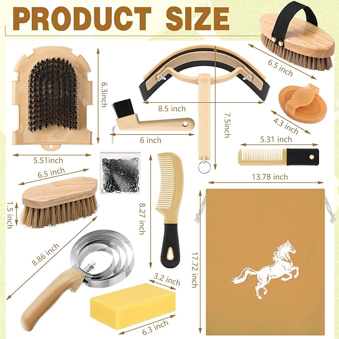 Abbylike 12 Pieces Horse Grooming Kit Racing Festival Tack Room Supplies Horse Brush Sets Equine Care Cleaning Kit Shedding Grooming Massaging Tools(Khaki)-PurrikoPets