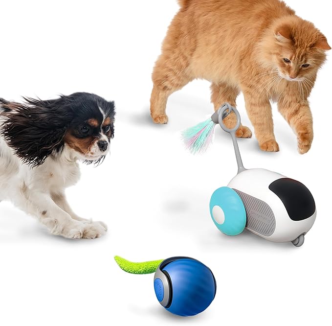 1pc Interactive Automatic Remote Control Cat Mice Car Toy and 1pc Smart Electric Moving Speedy Cat Ball Toy with Feather Tail, Suitable for Dogs, Keep Busy, Stimulating, Rechargeable (Blue)-PurrikoPets