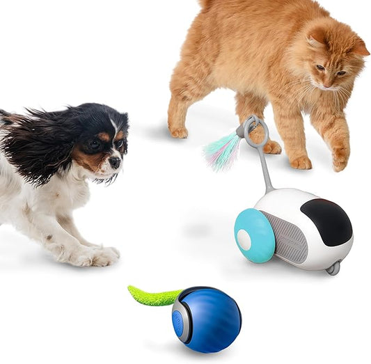1pc Interactive Automatic Remote Control Cat Mice Car Toy and 1pc Smart Electric Moving Speedy Cat Ball Toy with Feather Tail, Suitable for Dogs, Keep Busy, Stimulating, Rechargeable (Blue)-PurrikoPets