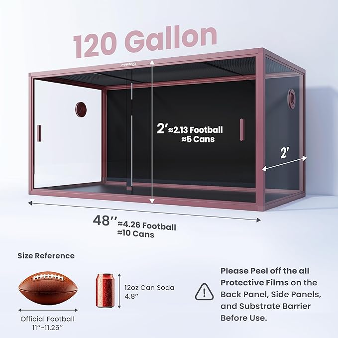 120 Gallon Reptile Terrarium, 48" x 24" x 24" Reptile Enclosure with Sliding Door Top Screen Ventilation,Blue Tongue Skink Tank for Easy Maintenance-PurrikoPets