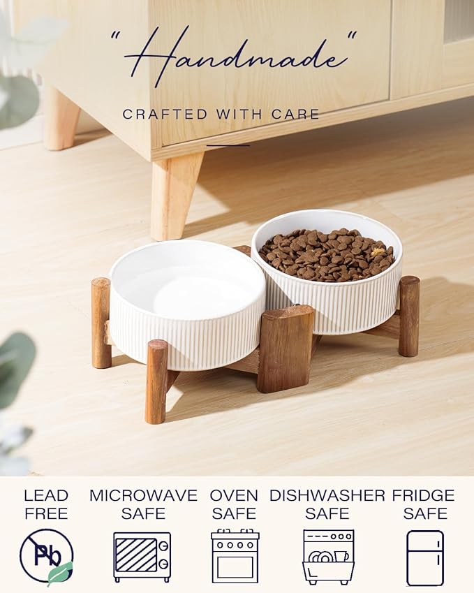 Getstar Ceramic Dog Bowls with Acacia Wood Stand, 30 fl oz, Set of 2, Dog Food Bowl, Cat Bowls (6.5 inches) (Vintage White)-PurrikoPets