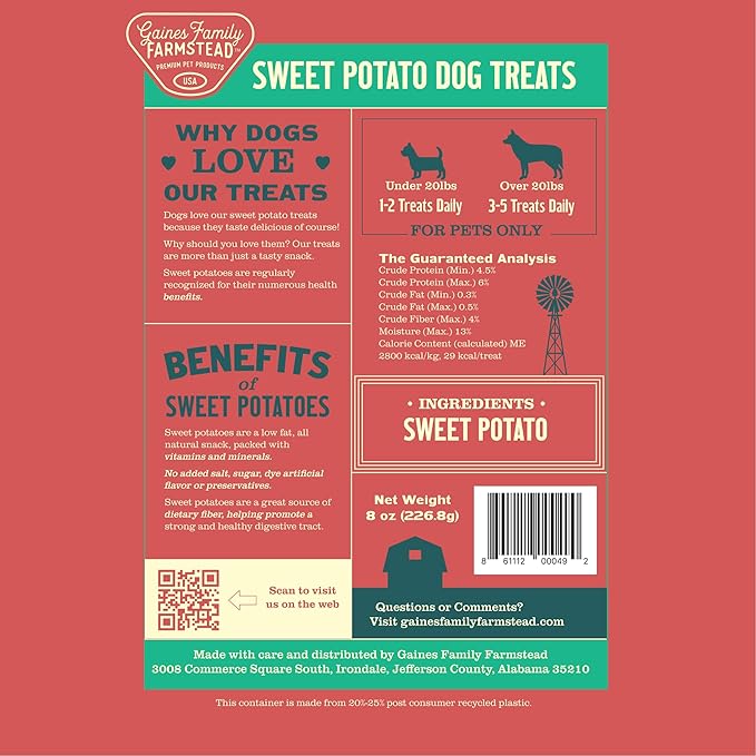 Gaines Family Farmstead Sweet Potato Chips for Dogs - 8 oz Single-Ingredient, All-Natural Dog Treats, Grain-Free & High in Fiber, Made in USA, Crunchy Training Treats-PurrikoPets