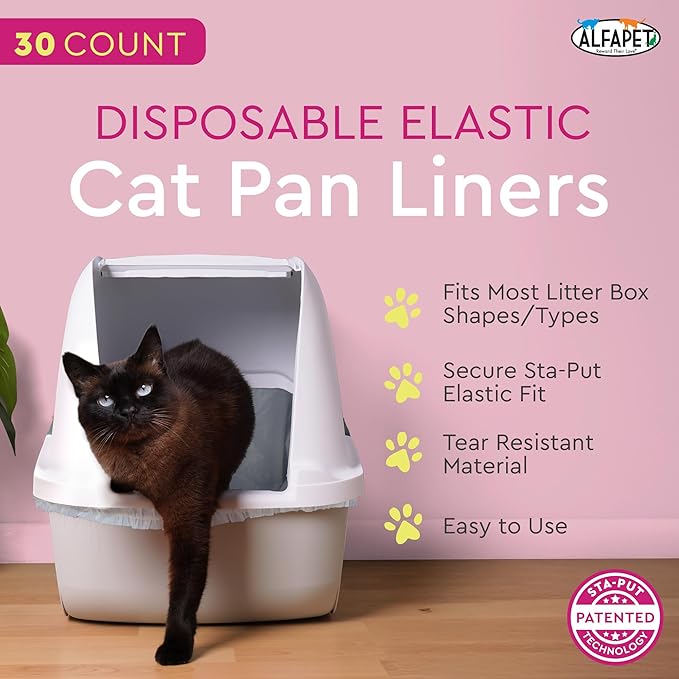 Alfapet Elastic Cat Litter Box Liners - Extra Giant 30 Count - Tear-Resistant Cat Litter Bags - Waterproof Kitty Litter Liners - Fits Litter box Pan Sizes XL, Giant, X-Giant, 37" x 18", 20 lb Capacity-PurrikoPets