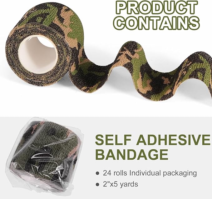 24 Pack Camo Self Adhesive Wrap, 2” x 5 Yards Vet Wrap Cohesive Camo Grip Tape Medical Wrap Self Adherent for Ankle, Wrist Sprains, Pet First Aid-PurrikoPets