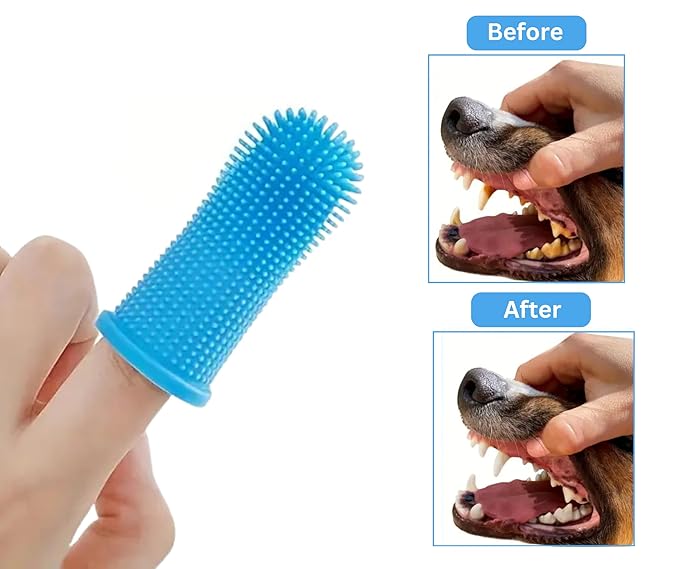 3-in 1 Dog & Cat Grooming Supplies- Self-cleaning Slicker Brush, Deshedding Rake Comb, And Finger Toothbrush For Dogs & Cats | Perfect For Pet Grooming Kit, Dematting And Dental Tool (blue)-PurrikoPets