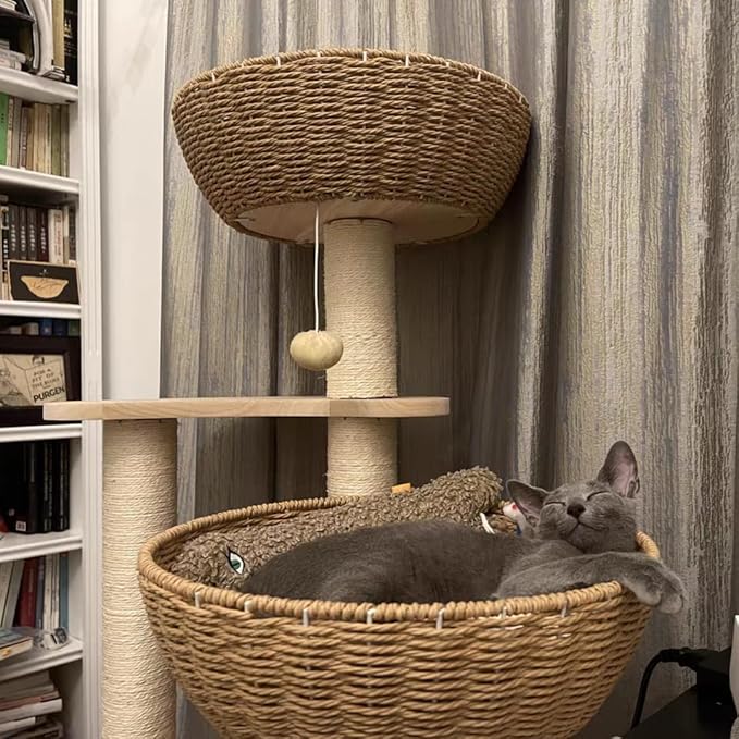 54" Large Modern Cat Trees, Luxury Rattan Oak Solid Wood Cat Trees Towers，3 Weaving Cat Nests & Washable Cool Cushions, Sisal Scratching Posts,Cat Condo for Indoor Cats- Wood Wax Oil Version-PurrikoPets