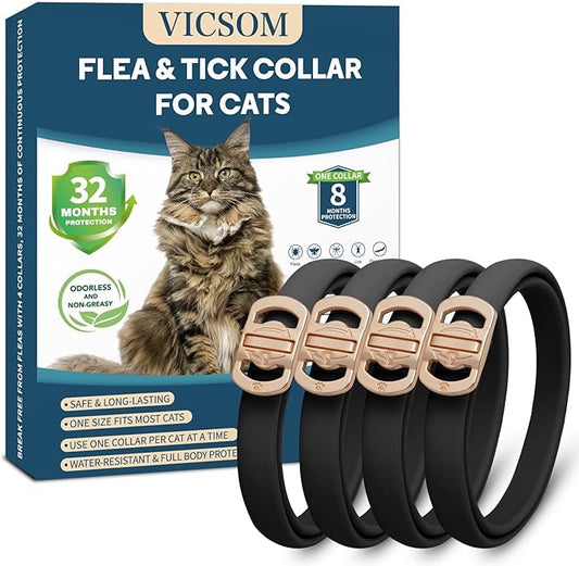 Flea and Tick Collar for Cats - 4 Pack, 32 Month Protection Treatment, Waterproof, Natural Prevention, Adjustable for Cats & Kittens (Black)-PurrikoPets