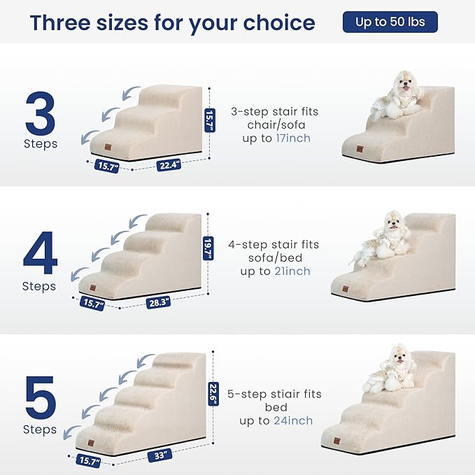GoGoBunny Ramp Dog Stairs for High Beds 22.6" H, 5-Step Dog Slope Stairs with Durable Waterproof Fabric Cover, Pet Steps for Old Large Dogs Climbing, Non-Slip Sturdy Indoor Step, Beige-PurrikoPets