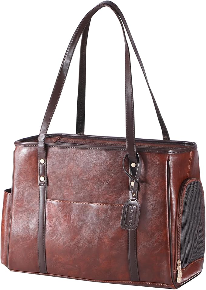 Fashion Dog Carrier Purse, Premium Leather Cat Carrier Bag, Airline Approved Soft Sided Pet Travel Tote Bag with Pockets Coffee-PurrikoPets