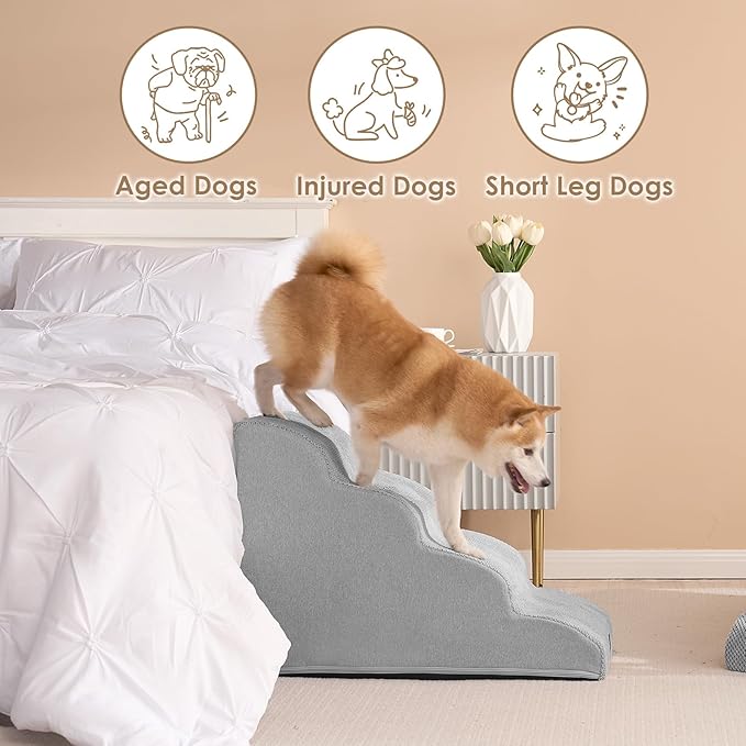 EHEYCIGA Curved Dog Stairs Ramp for High Beds 19.7" H, 4-Step Dog Steps for Small Dogs and Cats, Pet Stairs for High Bed Climbing, Non-Slip Balanced Pet Step Indoor, Light Grey-PurrikoPets