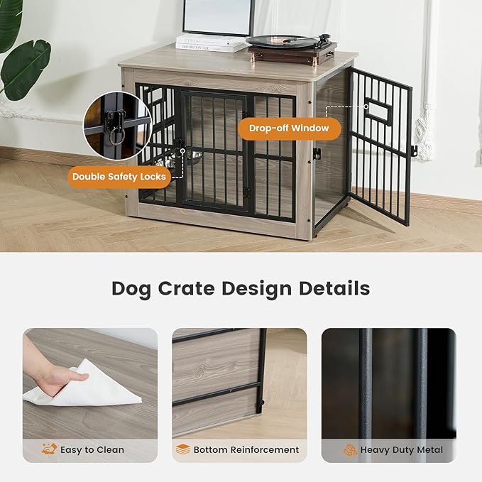 Gardner Pet Dog Crate Furniture for Small Dog, 27.2 Inches Dog Kennel Indoor, Wooden Dog Cage End Table, Heavy Duty Dog Crates, Rustic Grey-PurrikoPets