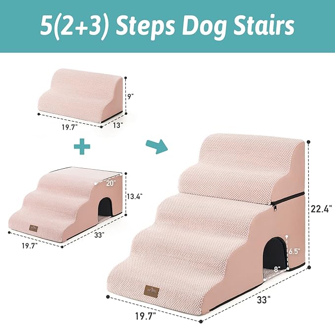 Extra Wide Dog Stairs with Tunnel, Detachable Large Pet Step for Small Medium Dog, Puppy or Cat, Ramp for High Bed, Couch, Sofa or Car, Stable, 19.7x33x22.4 inch, 5 Step, Pink-PurrikoPets