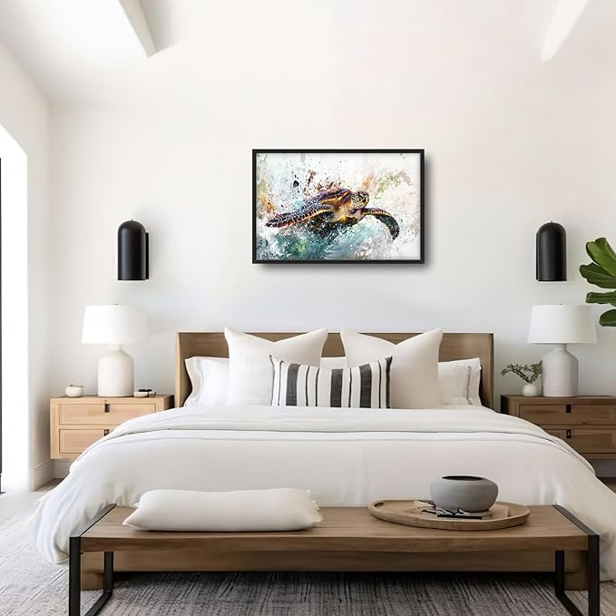 Extra Large Framed Sea Turtle Wall Art,Oversized Abstract Colorful Sea Nautical Wall Decor Pictures for Living Room,Canvas Print Painting Modern Artwork Bedroom Office Bathroom Home Decor 36L x24W-PurrikoPets