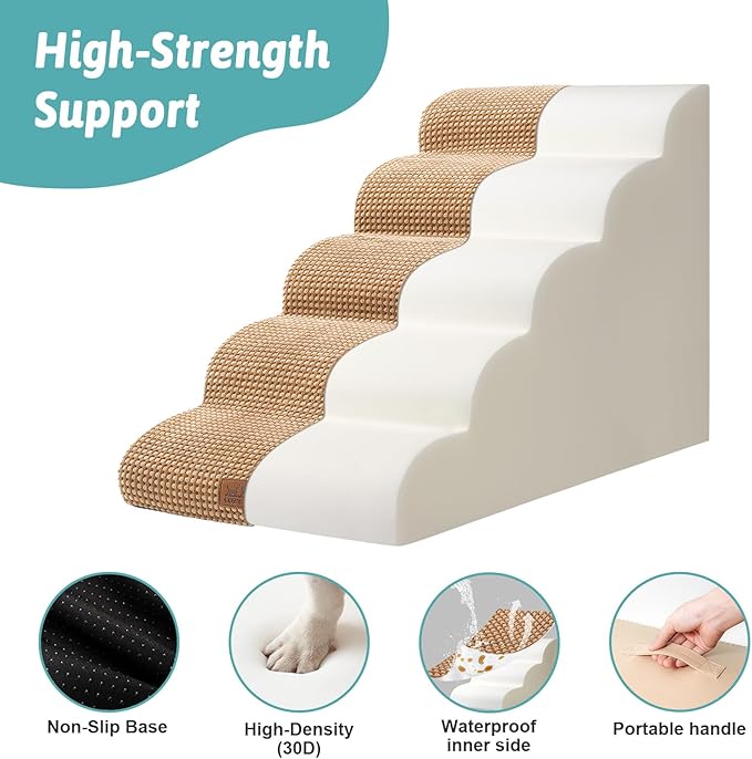 Extra Wide Dog Stairs 19.7" Width, Large Pet Step for Small Medium Dog, Puppy or Cat, Ramp for High Bed or Car, High Density Foam Ladder, Stable, 5 Step, 19.7x33x22.4 inch, Light Brown-PurrikoPets
