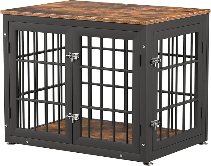 32 Inch Heavy Duty Dog Crate Furniture for Medium and Small Dogs, Decorative Pet House End Table, Wooden Cage Kennel Furniture Indoor, Rustic Brown-PurrikoPets