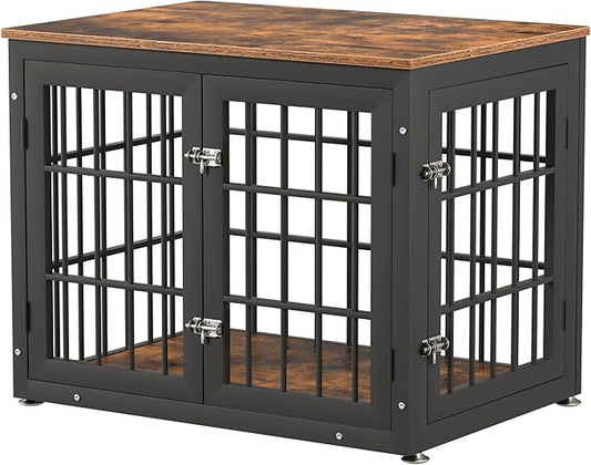 32 Inch Heavy Duty Dog Crate Furniture for Medium and Small Dogs, Decorative Pet House End Table, Wooden Cage Kennel Furniture Indoor, Rustic Brown-PurrikoPets