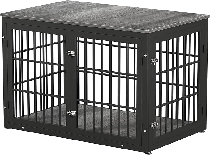 48 Inch Heavy Duty Dog Crate Furniture for Large Dogs, Decorative Pet House End Table, Extra Large Wooden Cage Kennel Furniture Indoor, Black and Gray-PurrikoPets