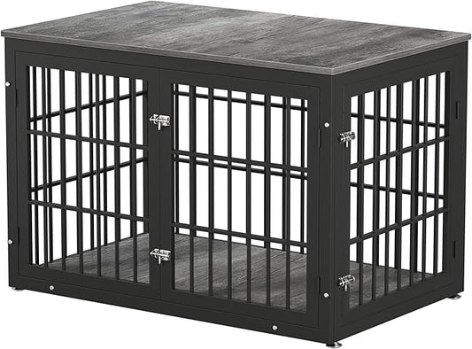 48 Inch Heavy Duty Dog Crate Furniture for Large Dogs, Decorative Pet House End Table, Extra Large Wooden Cage Kennel Furniture Indoor, Black and Gray-PurrikoPets