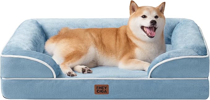EHEYCIGA Orthopedic Dog Beds for Large Dogs, Waterproof Memory Foam Large Dog Bed with Sides, Non-Slip Bottom and Egg-Crate Foam Pet Couch Bed with Washable Removable Cover, Washed Blue-PurrikoPets