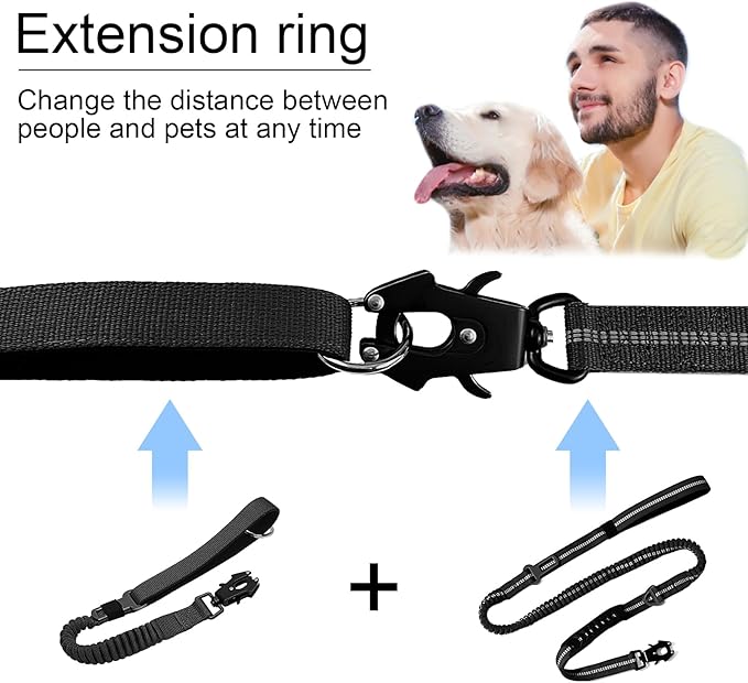 20” Strong Short Leash for Dog, Heavy Duty Bungee Dogs Leash with Padded Handle Car Seatbelt, Small Dog Training Leashs for Large or Medium Dogs - Can be Used with Other leashes (Black)-PurrikoPets