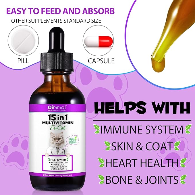 2PCS Liquid Multivitamin for Cat, 15 in 1 Cats Multivitamin Liquid Drops Supplements for Skin & Coat, Heart Health, Bones and Joint, Cat Vitamins with Glucosamine and MSM, Immune System Support-PurrikoPets