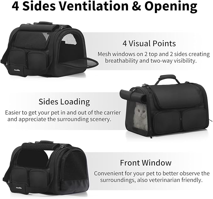 FUKUMARU Cat Carrier, 4 Mesh Windows Small Dog Carrier, 4 Storage Pockets Cat Travel Bag, Under 15 lb Airline Approved Pet Carrier, Rollable Cover for Nervous Cats, Black-PurrikoPets