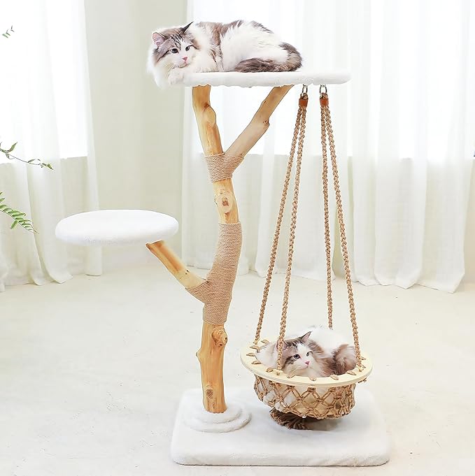 50" Tall Cat Tree Tower, Modern Cat Tree for Indoor Cats, Washable Wooden Perchs and Climbers for Large Cats, Cute Cat Furniture with Unique Cat Swing-PurrikoPets