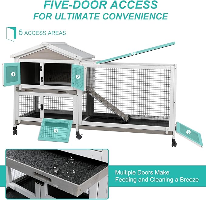 2-Tier Rabbit Hutch with Wheels, Indoor & Outdoor Small Animal Cage with Deep Pull-Out Tray, Anti-Chew Frame, Habitat for Bunny, Guinea Pig, Chinchilla (60" L x 19" W x 35" H)-PurrikoPets