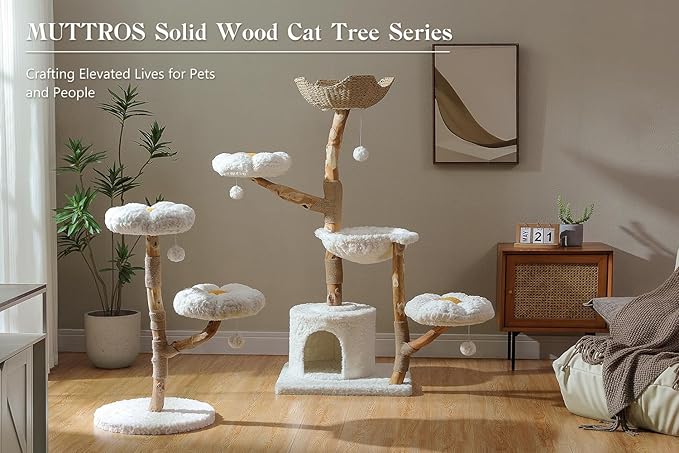 59" Modern Cat Tree Tower for Large Cats w/2 Flower Perches-Natural Solid Wood Scratching Post with Real Branch-Luxury Boho Cat Furniture w/Condo & Wicker Basket Bed, Cloud White-PurrikoPets