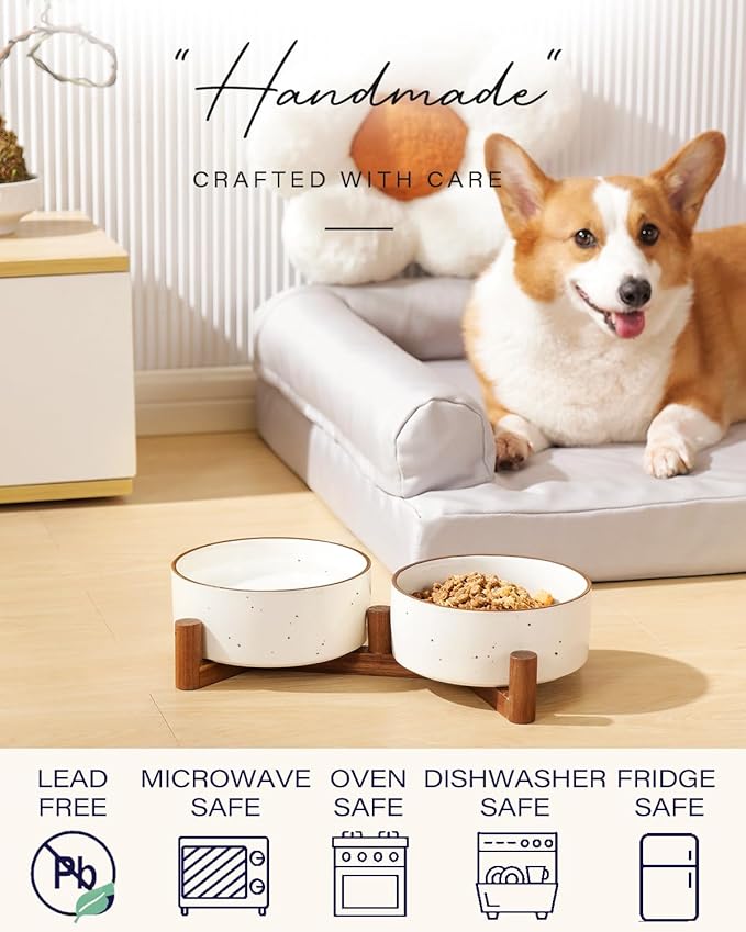 Getstar Ceramic Dog Bowls with Acacia Wood Stand, 30 fl oz, Set of 2, Dog Food Bowl with Colored Rim-PurrikoPets