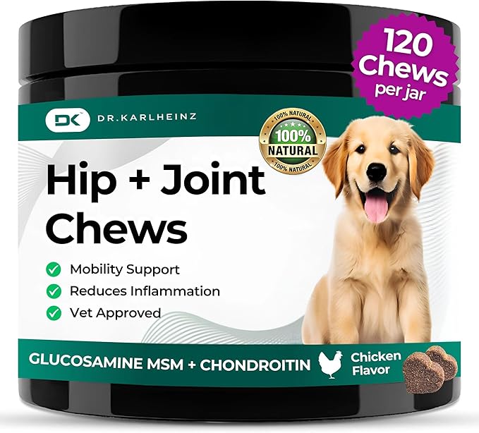 Glucosamine for Dogs - Max Strength Hip and Joint Supplement for Dogs - MSM, Chondroitin, Hemp Oil, Turmeric - Mobility Support and Pain Relief - 120 Chewable Tablets (Chicken Flavor)-PurrikoPets