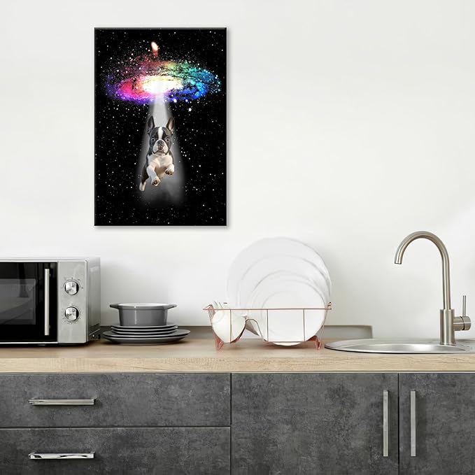 Funny Dog Wall Art Canvas Boston Terrier Wall Decor Prints Framed Painting Bulldog Galaxy Pictures Gifts Artwork for Bathroom 16"x24"-PurrikoPets