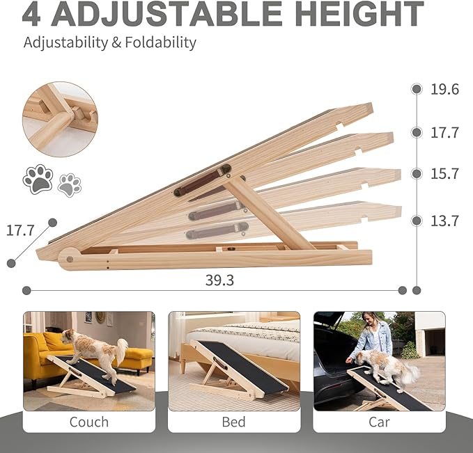 ABORON Antislip Dog Ramp, Adjustable Folding Pet Ramp for Small & Large Old Dogs & Cats, High Traction Portable Rubber Paw Ramps, Supports up to 200 lbs, Used for Bed Couch SUV, 39.3'' Long-PurrikoPets