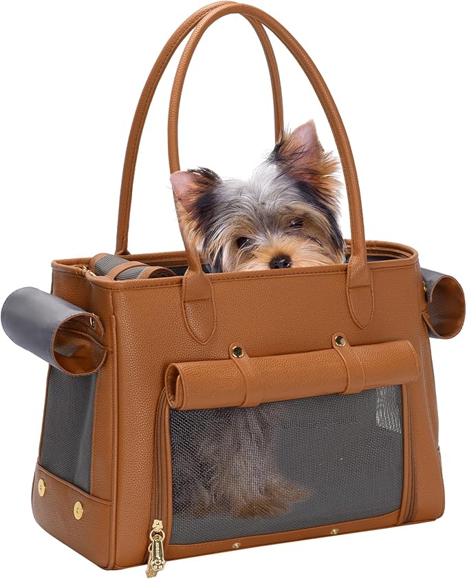 Fashion Pet Carrier Purse for Small Cat and Dog, Luxury Pu Soft-Sided Tote Bag with Large Pockets for Dogs and Puppies (Brown, 15.8" L x 7.5" W x 11.8" H)-PurrikoPets