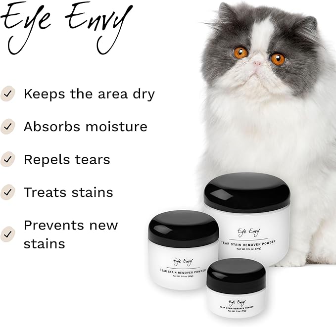 Eye Envy Tear Stain Remover Powder for Dogs and Cats. 100% Natural, Safe. Apply Around Eyes. Absorbs and Repels Tears. Keeps Area Dry. Treats The Cause of Staining. Made in The USA. (.5 oz)-PurrikoPets