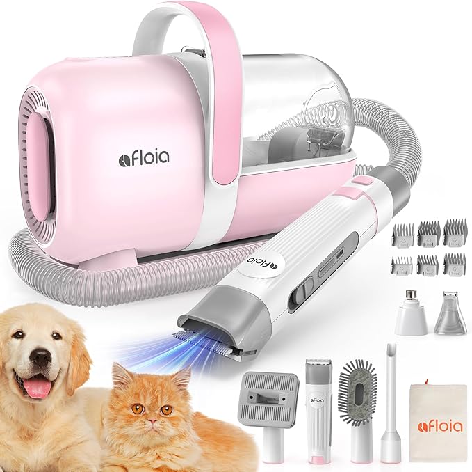 Afloia 6-in-1 Dog Grooming Kit, Pet Grooming Vacuum for Shedding, Dog Hair Vacuum with Clipper Nail Trimmer Grinder, Pet Brush Groomer at Home, Low Noise Cats Hair Remover, 1.5L Dust Cup, Pink-PurrikoPets
