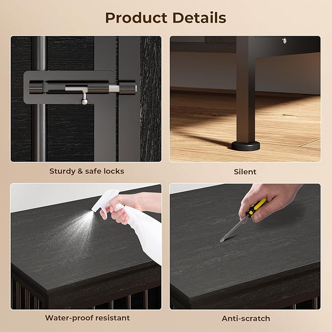 78 Inch Dog Cage Furniture for 2 Large/Medium Dogs with Removable Divider, Extra Large Double Doors Dog Kennel, XXL Thick Wooden Dog cage Furniture, Durable and Sturdy, Dark Grey-PurrikoPets