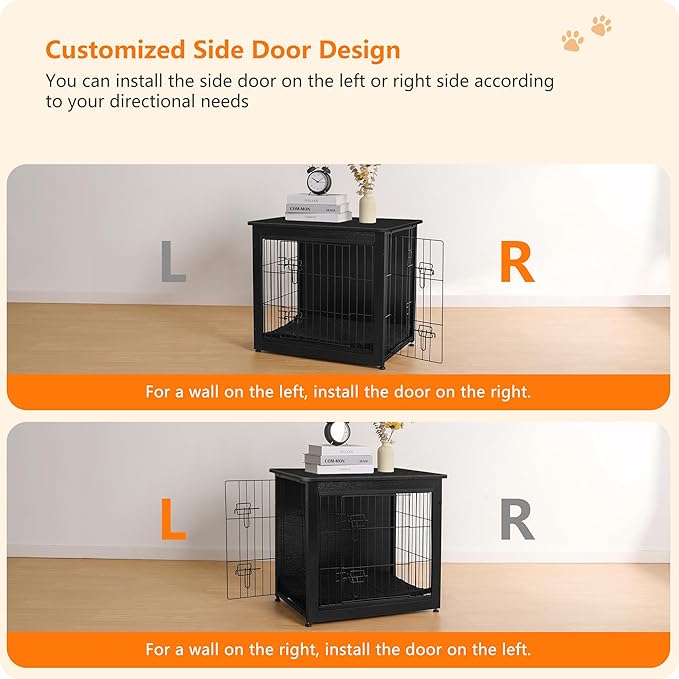 DWANTON Dog Crate Furniture with Cushion, Wooden Kennel Table with Double Doors, Indoor Dog House, Small/Medium/Large Size, 27.2" L, Black-PurrikoPets