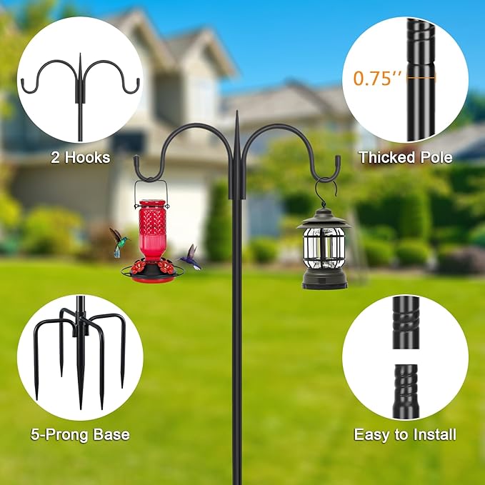 FEED GARDEN Adjustable Double Shepherds Hook for Outdoor with 5 Prong Base 108 Inch Heavy Duty Two Sided Bird Feeder Pole for Hanging Plant Baskets, Solar Light Lanterns, Wind Chimes 2 Pack-PurrikoPets