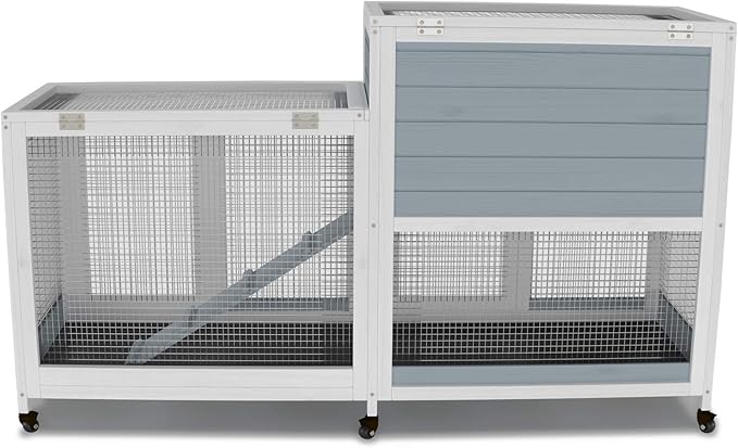 GDLF Two Floors 58" Wooden Indoor Bunny Hutch Rabbit Cage on Wheels Guinea Pig PET House for Small to Medium Animals Waterproof No Leak Tray-PurrikoPets