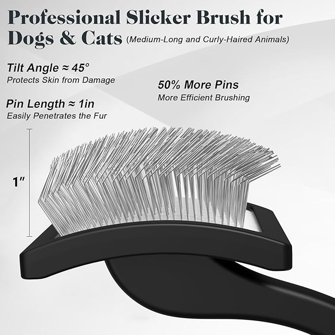 2PCS Slicker Brush for Dogs & Pet Comb,Professional Dog Grooming Brush (Goldendoodles,Poodles,Labradoodles) with Extra Long Pins to Effectively Remove Tangles, Knots and Mats (Black)-PurrikoPets