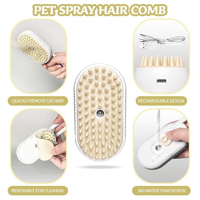 3-in-1 Rechargeable Steam Brush for Cats & Dogs - Anti-Static Spray Pet Grooming Brush with Warm Mist Massage, Hair Shedding Control, Detangling Comb & Cleaning Tool for Effective Deshedding-PurrikoPets