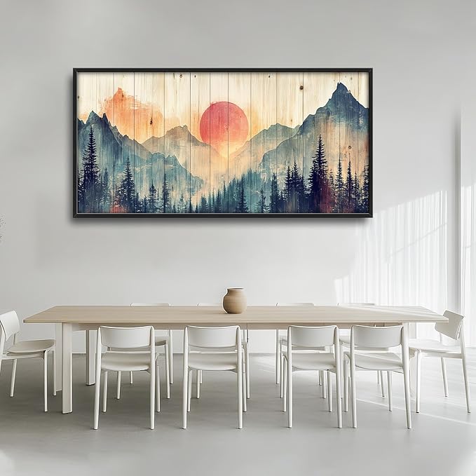 Framed Large Cabin Mountain Wall Art for Living Room, Oversized Rustic Forest Wall Decor, Rustic Nature Landscape Canvas Painting Sunset Pictures Home Decoration for Bedroom Office 60"x30"-PurrikoPets