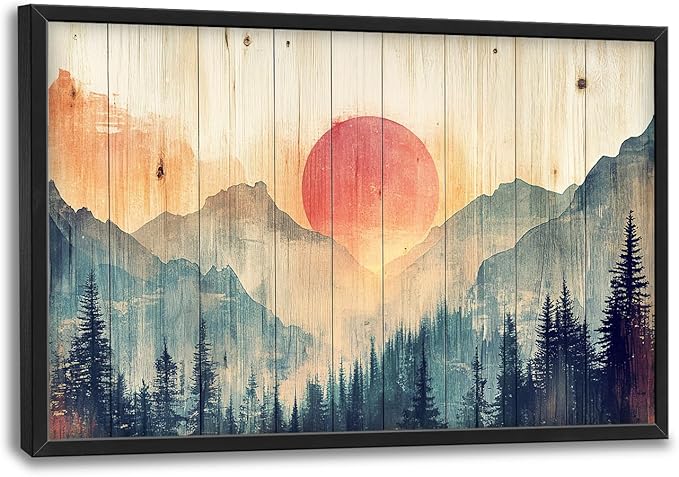 Framed Large Cabin Mountain Wall Art for Living Room, Oversized Rustic Forest Wall Decor, Rustic Nature Landscape Canvas Painting Sunset Pictures Home Decoration for Bedroom Office 36"x24"-PurrikoPets