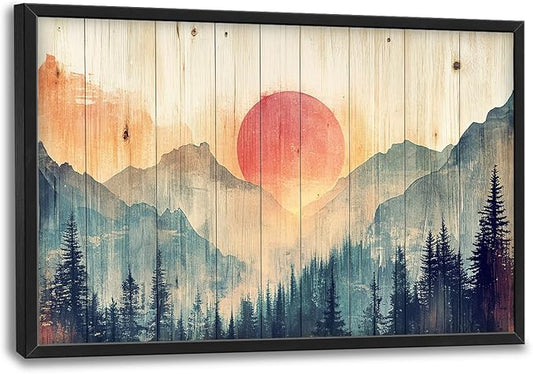 Framed Large Cabin Mountain Wall Art for Living Room, Oversized Rustic Forest Wall Decor, Rustic Nature Landscape Canvas Painting Sunset Pictures Home Decoration for Bedroom Office 36"x24"-PurrikoPets