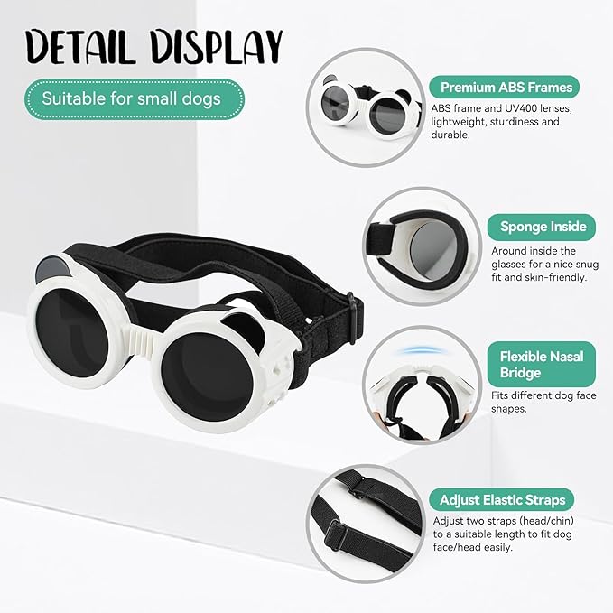 Dog Goggles for Small Breed UV/Wind/Dust Protection Puppy Sunglasses with Adjustable Strap - White-PurrikoPets
