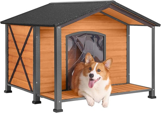 Aivituvin Dog House with Anti-Chewing Metal Frame Outdoor Large Wooden Dog Kennel Outside with Overhang Roof Large Porch Weatherproof-PurrikoPets