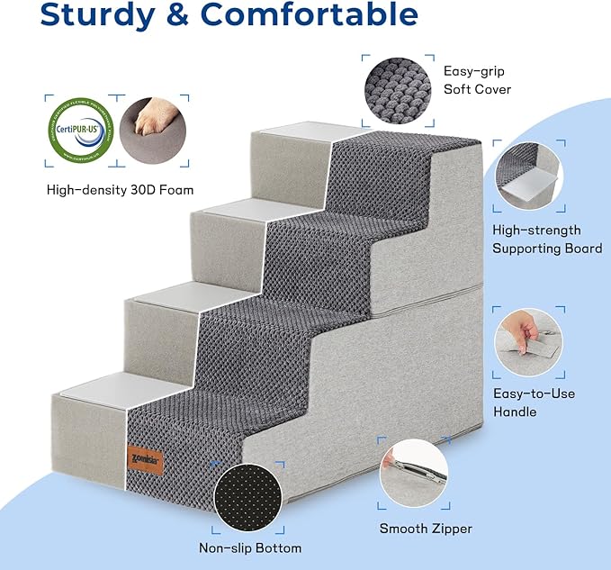 Dog Stairs for Large Dogs - Extra Wide Pet Stairs 2 in 1 with Zippers Suitable for Couch and Bed, Foam Dog Steps with Non Slip Bottom Grey 4 Steps, Grey-PurrikoPets