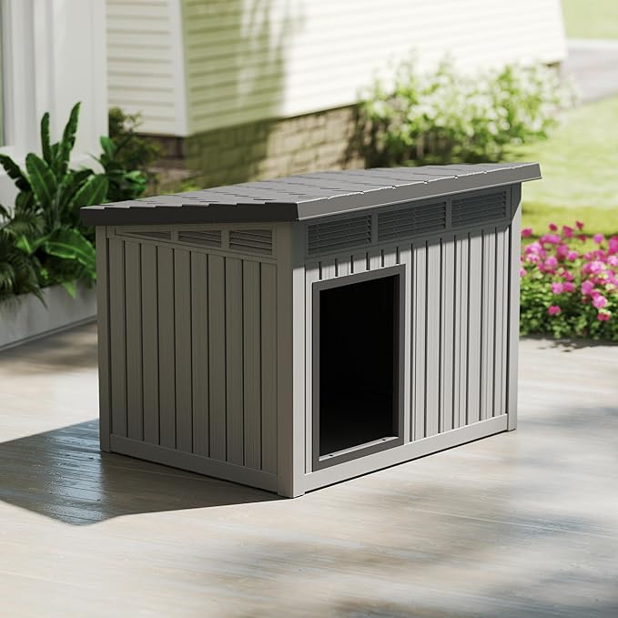 Dog House Indoor Outdoor,Resin Waterproof Puppy Shelter with Air Vents and Elevated Floor,Air Rod on Top to Open,Dog Kennel for Small to Large Dogs(Grey,42.87 * 32.95 * 31.61)-PurrikoPets